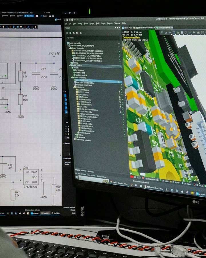Circuit board layout open on an engineer's screen